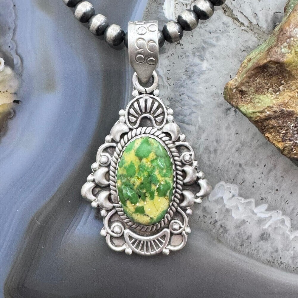 Sterling Silver Southwestern Style Oval Sonora Gold Turquoise Decorated Pendant